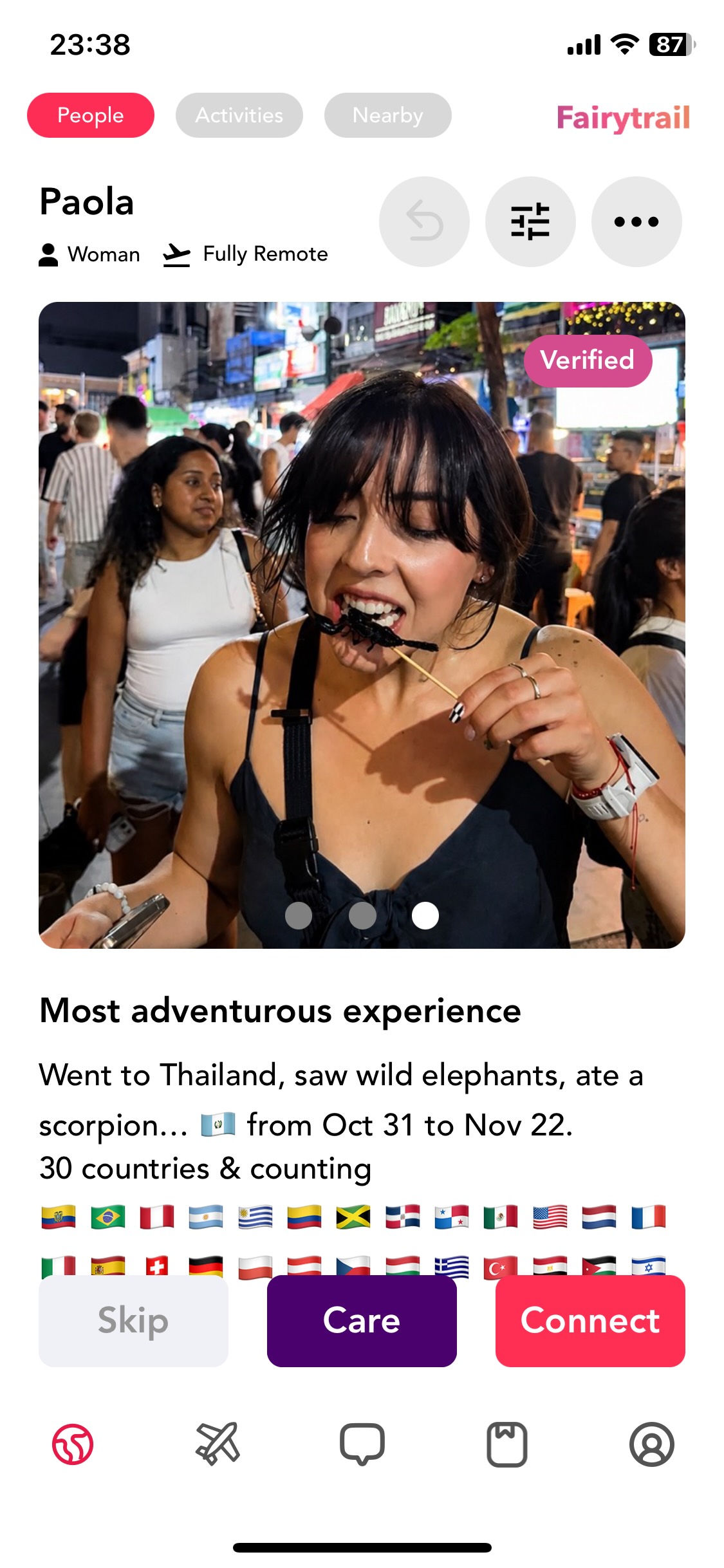 Fairytrail app showing traveler profiles